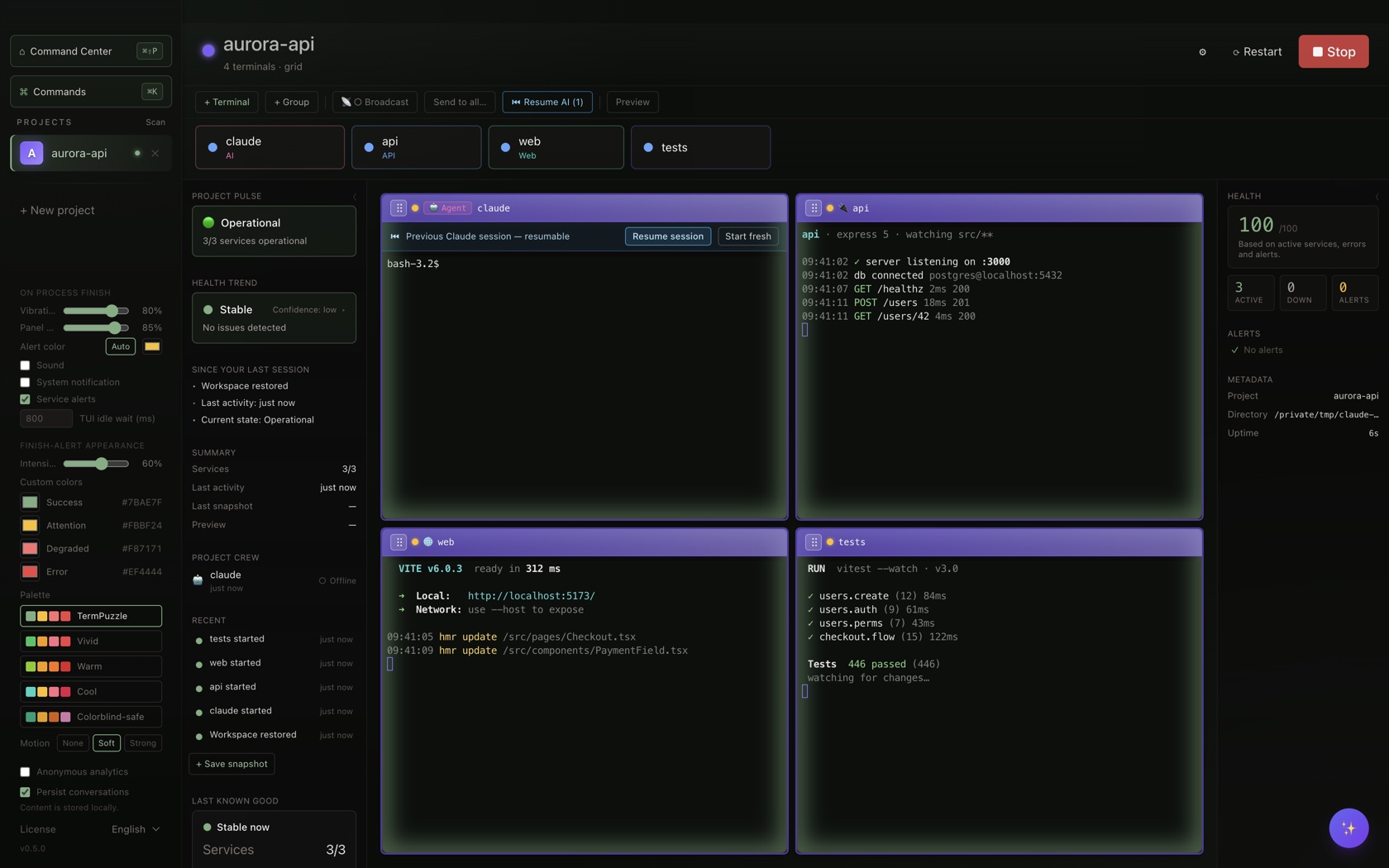 TermPuzzle v0.5.0 with a reopened project: terminals back with their output and a retained Claude window offering Resume session